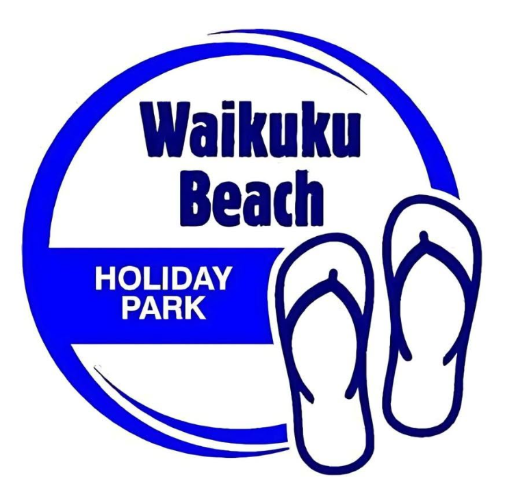 Original Waikuku Beach Holiday Park blue-and-white logo with jandal artwork